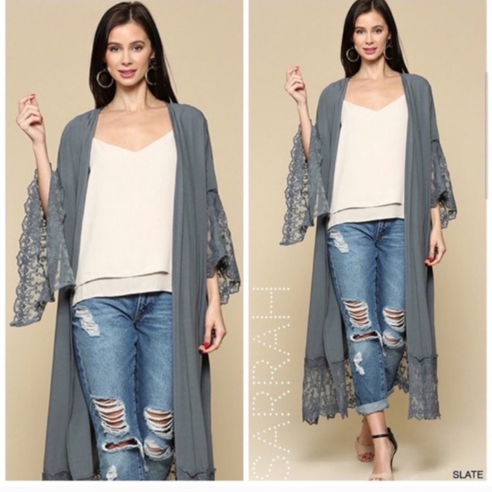 Last M New Cozy Boho Lace Trim Kimono Duster - Picture 8 of 12
